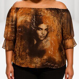 Off-shoulder Multi Print Blouse with Flounce Sleeves & Elastic Cuffs